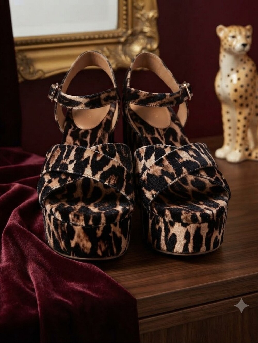 Gianni Bini Joize Velvet Leopard Print Platform Bloick Heel Sandals Size 7.5